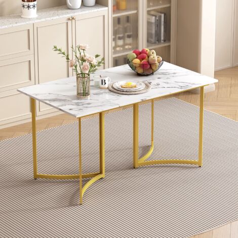 Mesa de comedor blanca moderna, mesa de centro rectangular con aspecto de mármol y patas curvas para salón, comedor, dormitorio y oficina (140 x 80 cm).