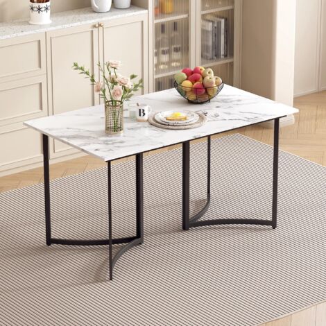 Mesa de comedor blanca moderna, mesa de centro rectangular con efecto mármol y patas negras curvadas para salón, comedor, dormitorio y oficina (140 cm x 80 cm).