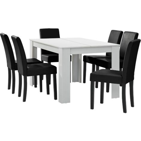 Mesa de comedor blanco mate con 6 sillas negras tapizada en polipiel 140x90 cm 030004024