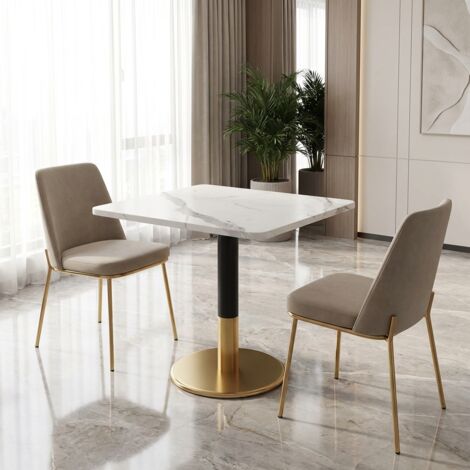 Mesa de comedor con tablero efecto mármol, superficie de madera, columna de metal negro y base dorada, 80x60x75 cm