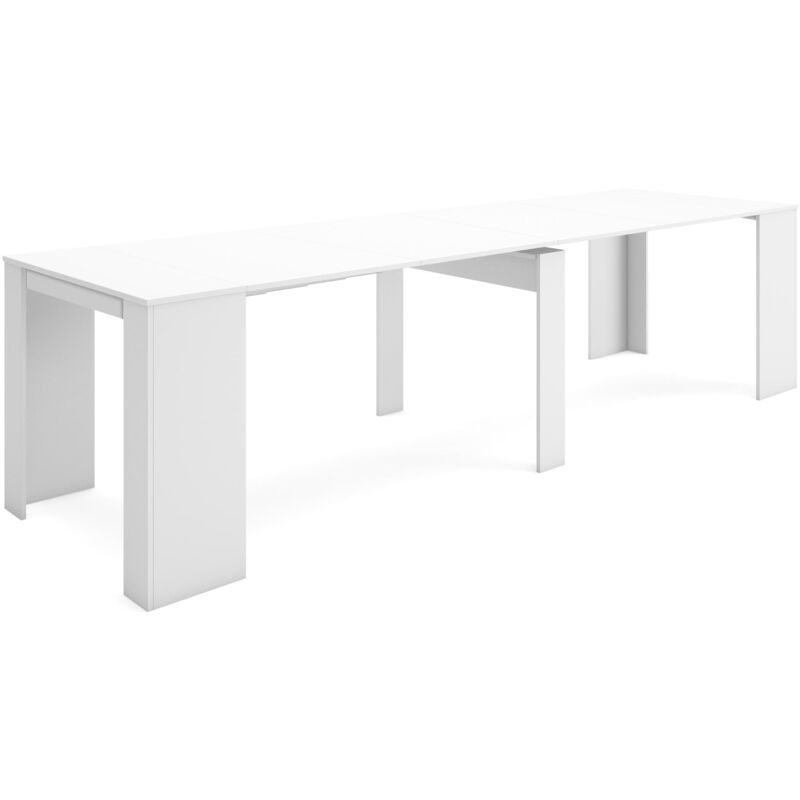 

Mesa de comedor consola extensible hasta 301 cm, acabado Blanco mate, medidas cerrada: 90x50x75 cm de alto - BLANCO