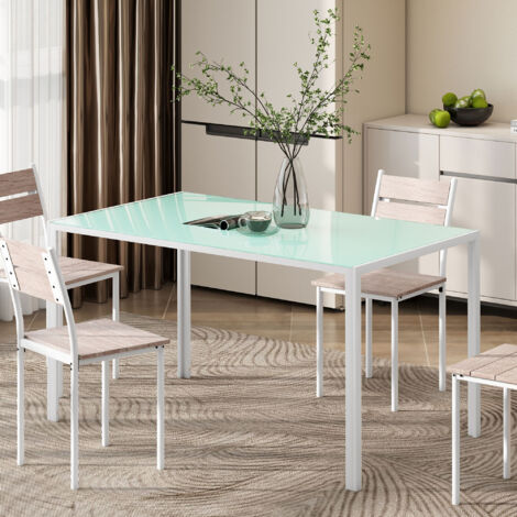 Mesa de Comedor de Cristal Rectangular para 6 Personas con Patas de Metal para Cocina Salón 140x80x75 cm Blanco