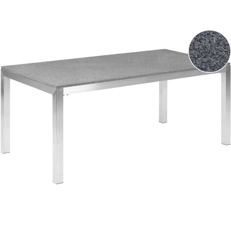 Mesa de comedor de jardín con tablero de granito gris y plateado patas de acero para 6 personas 180 x 90 x 74 cm Grosseto