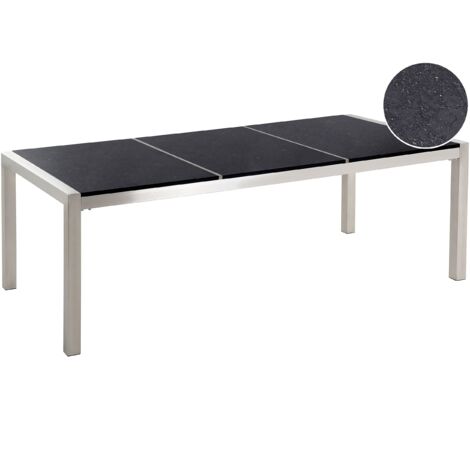 Mesa de comedor de jardín con tablero de granito negro y plateado patas de acero para 8 personas 220 x 100 x 74 cm Grosseto