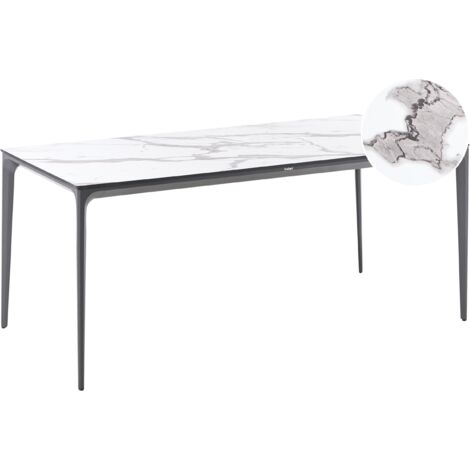 Mesa de comedor de jardín con tablero de HPL y estructura de aluminio resistente a los rayos UV agua óxido gris oscuro mármol blanco Sovareto