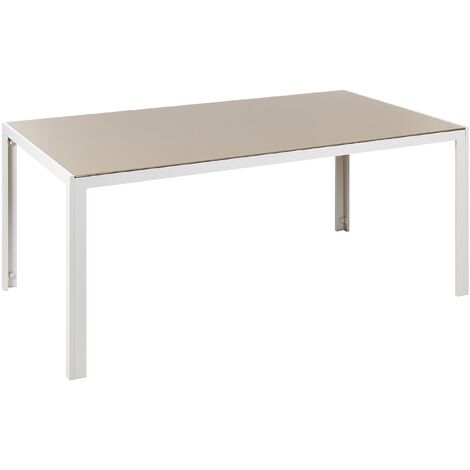 Mesa de comedor de jardín con tablero de vidrio templado beige y estructura de aluminio blanco 160 x 90 cm Catania