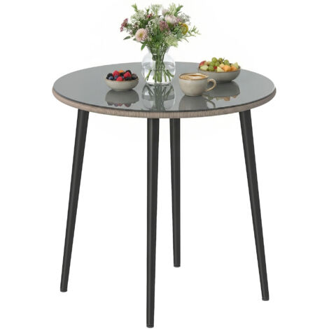 Mesa de Comedor de Jardín con Tablero de Vidrio Templado con Borde de Ratán Estructura de Acero 80x80x74 cm Gris