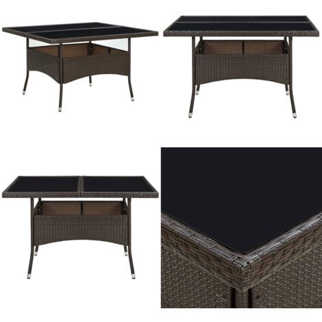 Mesa de comedor de jardín ratán sintético y vidrio marrón - Mesa de jardín - Mesa de comedor sintética