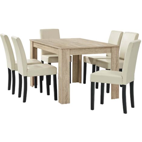 Mesa de comedor de roble brillo con 6 sillas de cuero sintético color crema 140x90 cm 030004047