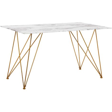 Mesa de comedor efecto mármol blanco con tapa de cristal templado dorado patas de metal 140 x 80 cm salón glam Kenton