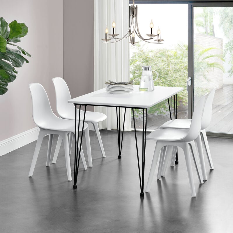 

Mesa de Comedor Elegante con Patas Horquillas - 120cm x 70cm x 75cm - Mesa de cocina - Patas de mesa de Acero Negro - Tablero de MDF Blanco