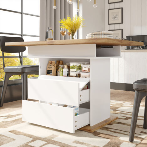 Mesa de comedor extensible 110-140 x 80 cm con estante de tres niveles, adecuada para 4 a 6 personas, blanca