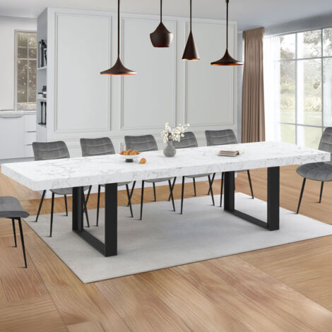Mesa de comedor extensible ALASKA PHOENIX, rectangular, 6-12 personas, tablero efecto mármol blanco, 200-300 cm