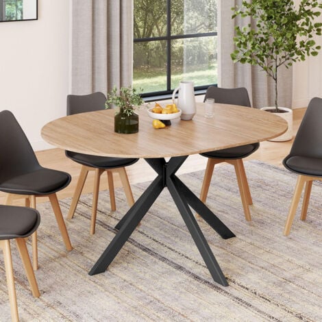 Mesa de comedor extensible ALIX, redonda, 6-8 personas, negra y pata de araña de madera 120-160 cm