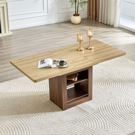 Mesa de comedor extensible de 130-160 x 80 cm con espacio de almacenamiento, para 4 a 8 personas, MDF con acabado en madera de nogal natural.