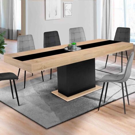 Mesa de comedor extensible EDEN 6-10 personas madera y banda central negra 160-200 cm