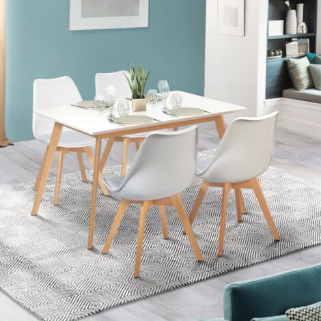 IDMARKET Mesa de comedor extensible INGA 120-160 cm y 4 sillas SARA blancas, diseño escandinavo