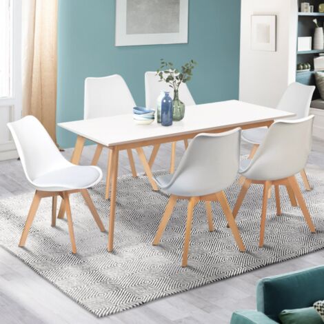 IDMARKET Mesa de comedor extensible INGA 160-200 cm y 6 sillas SARA blancas, diseño escandinavo