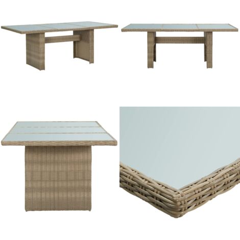 Mesa de comedor jardín vidrio y ratán PE marrón 200x100x74 cm - Mesa de comedor al aire libre - Mesa de comedor