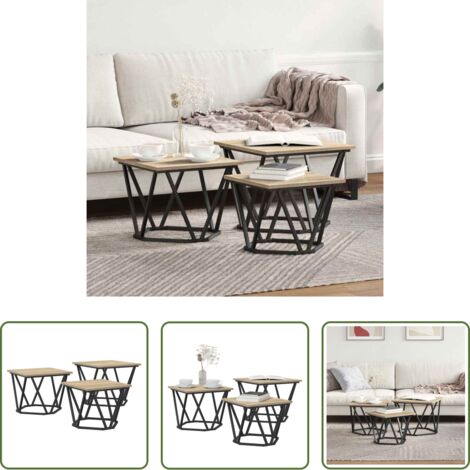 Mesa de comedor -  Mesa de Café 3 pcs Roble Sonoma Madera Ingenierizada y Acero