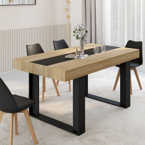IDMARKET Mesa de comedor PHOENIX 6 plazas madera y banda central negra 160 cm