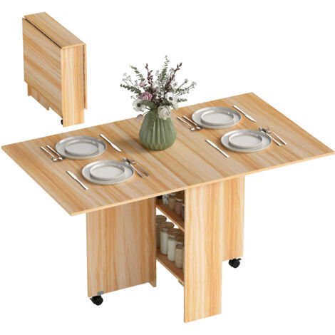 Mesa de Comedor Plegable con Ruedas Mesa Auxiliar Multifuncional con Alas Abatibles y Estantes 140x80x74cm