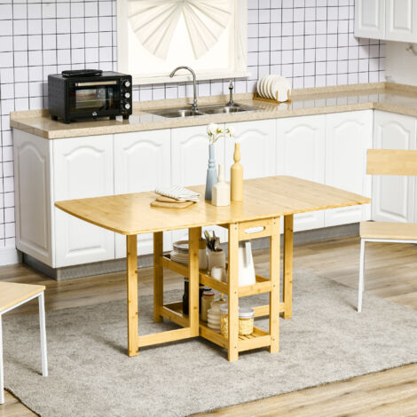 Mesa de comedor plegable de madera con almacenaje, para 4 a 6 personas, 2 estantes, mesa de cocina/sala de estar, color natural