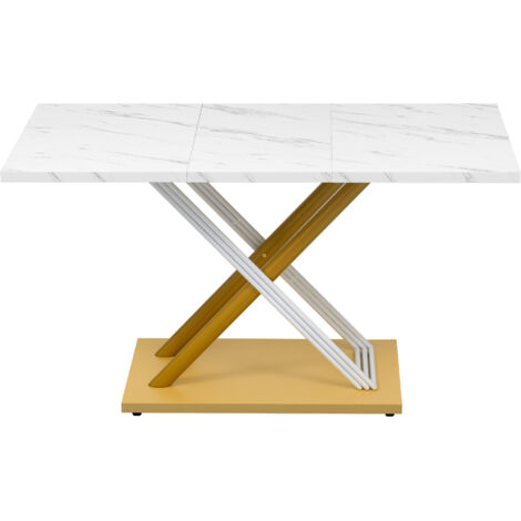 Mesa de comedor rectangular blanca con tablero imitación mármol y patas ajustables, con capacidad de carga de hasta 60 kg, ideal para comedor y cocina.