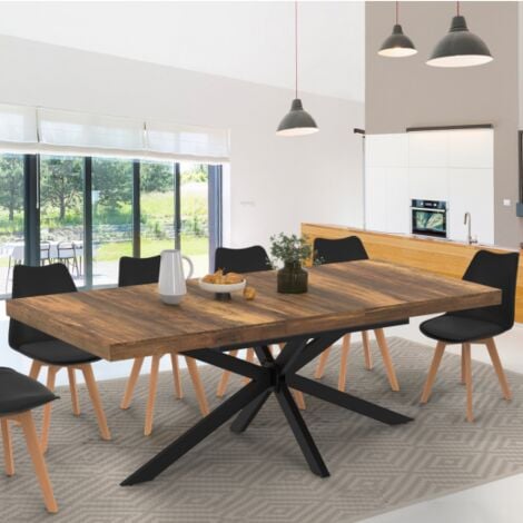 IDMARKET Mesa de comedor rectangular extensible ALIX con tablero HAWKINS y almacenaje para 6-10 personas madera oscura y negra 160-200 cm