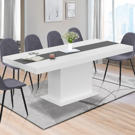 Mesa de comedor rectangular extensible EDEN 6-10 personas blanca con banda central gris 160-200 cm
