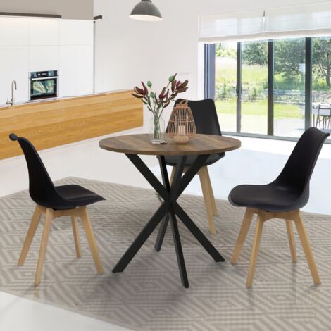 Mesa de comedor redonda ALIX con tablero HAWKINS para 2-4 personas, madera oscura y pata de araña negra 80 cm