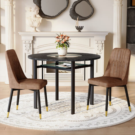 Mesa de comedor redonda con cristal incrustado, Ø100 cm, con 2 sillas de tela marrón, MDF efecto madera y metal negro - Negro
