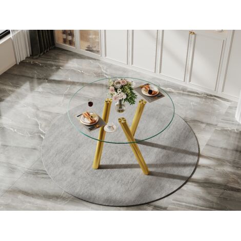 Mesa de comedor redonda con patas metálicas doradas, tapa de cristal templado, 89x89x76 cm