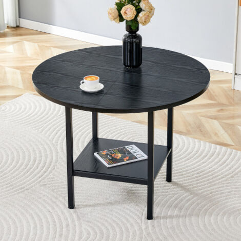 Mesa de comedor redonda de 100 cm con estante de almacenamiento, con capacidad para 4 a 6 personas, de MDF negro y metal negro.