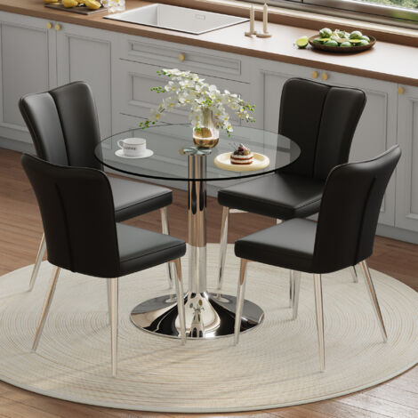 Mesa de comedor redonda de cristal de Ø85 cm + 4 sillas de poliuretano negro con patas de metal plateado
