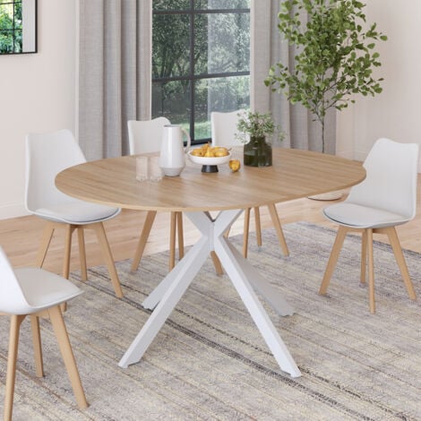IDMARKET Mesa de comedor redonda extensible ALIX, madera y pata de araña blanca, 6-8 personas, 110-150 cm