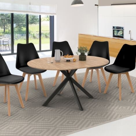 Mesa de comedor redonda extensible ALIX, madera y pata de araña negra, 6-8 personas, 110-150 cm