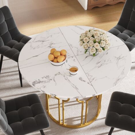 Mesa de comedor redonda para 4 personas con patas ajustables, en MDF y metal, 100×100×76 cm, Blanco y Dorado