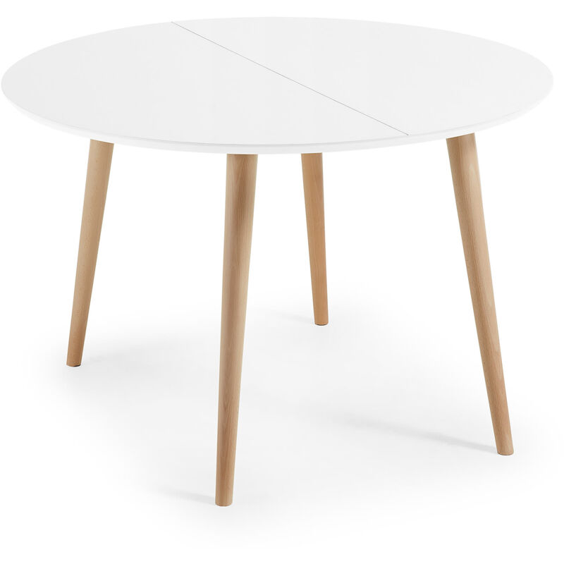 

Mesa de comedor extensible Oqui redonda 120 (200) x 120 cm blanca de melamina y patas de madera de haya - Kave Home