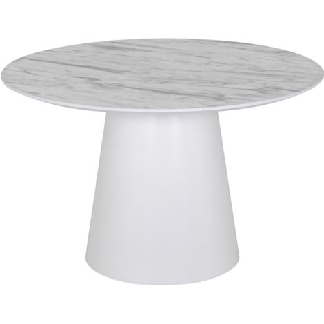 Mesa de comedor SYLVIA con tablero de melamina de 25 mm efecto mármol y estructura de MDF blanca (Ø 120 x 75 cm) - MOG CASA