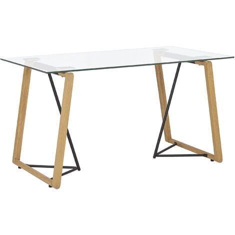 Mesa de comedor transparente 140 x 80 cm tapa de cristal patas de metal efecto madera clara rectangular escandinava moderna Tacoma