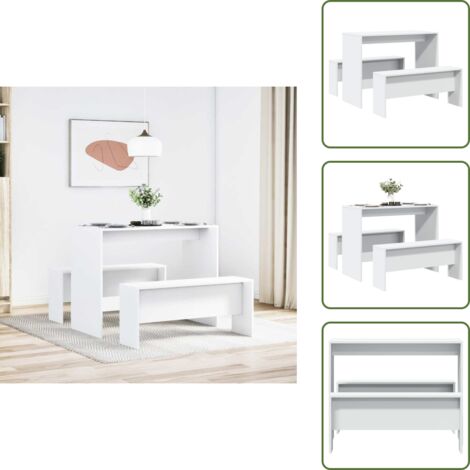 Mesa de comedor - vidaXL Set mesa y banco de comedor 3 pzas madera de ingeniería blanco - Banco de comedor
