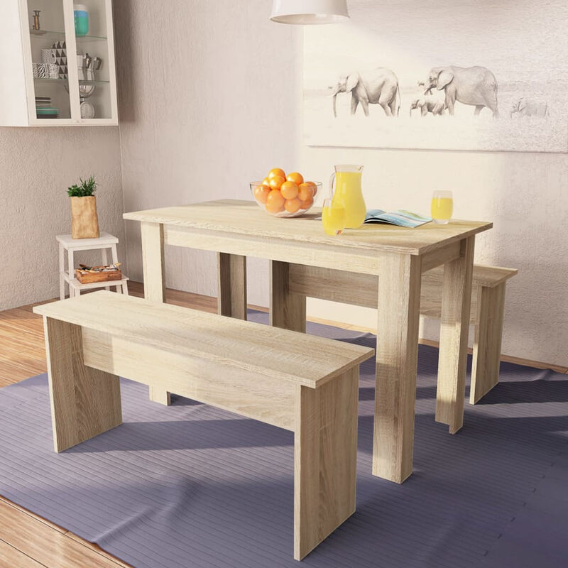 

Happyshopping - Mesa de comedor y bancos 3 piezas madera aglomerada color roble