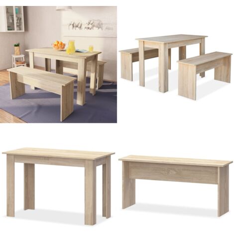 Mesa de comedor y bancos 3 piezas madera ingeniería roble - Bancos - Madera de ingeniería