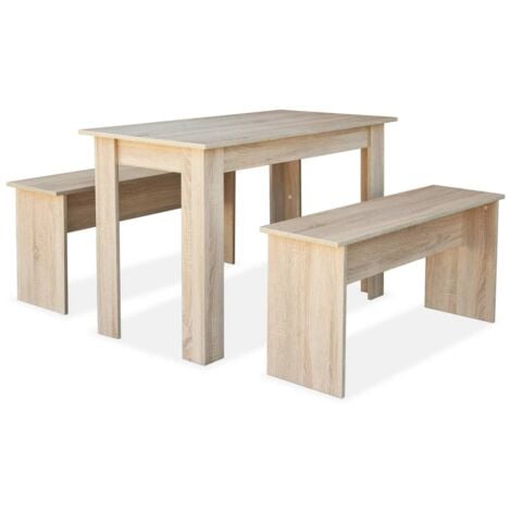 Mesa de comedor y bancos 3 piezas madera ingeniería roble vidaXL