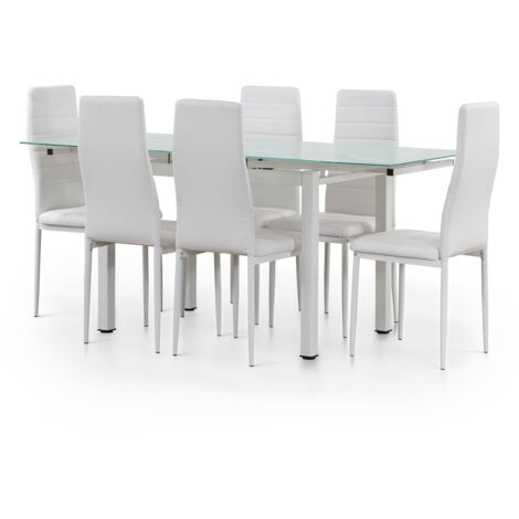 SALDOSYSTOCKS Mesa de Cristal Extensible 170cm + 6 Sillas Polipiel