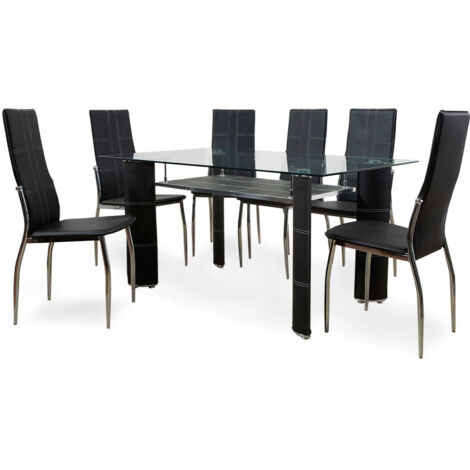 Mesa de Cristal Templado + 6 Sillas en Polipiel/Metal