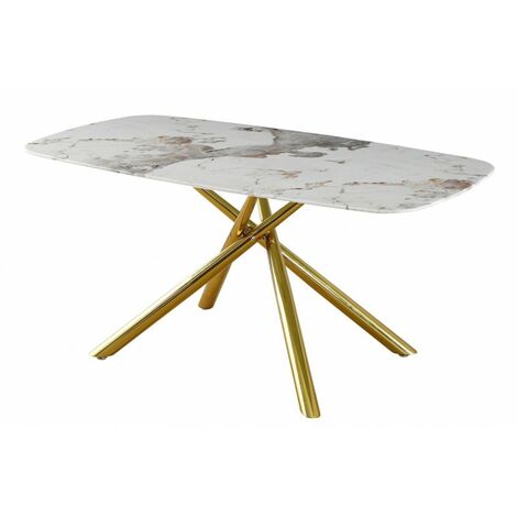 S&M Mesa de cristal zahra efecto mármol patas de metal dorado 160x90cm