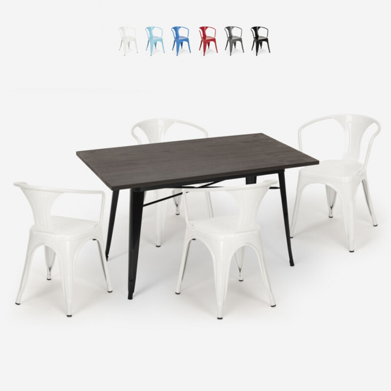 

Juego diseño industrial mesa 120 x 60 cm 4 sillas estilo tolix cocina bar Caster | Color: Blanco
