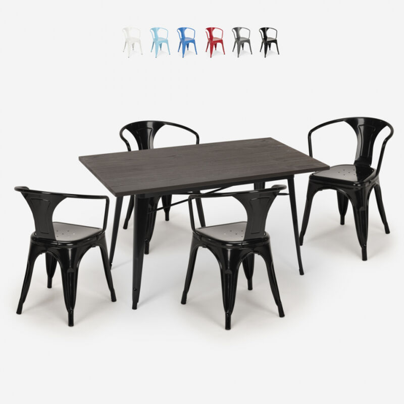 

Juego diseño industrial mesa 120 x 60 cm 4 sillas estilo tolix cocina bar Caster | Color: Negro